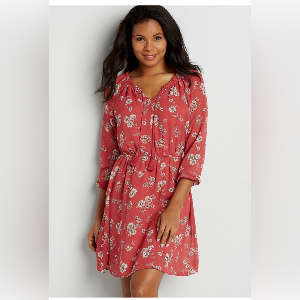 earth red floral print peasant dress